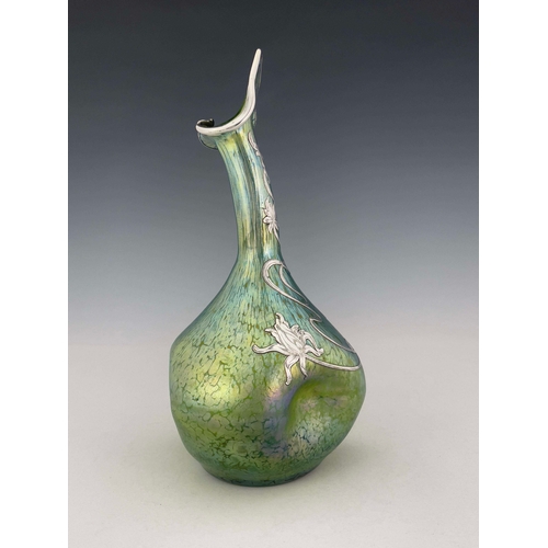 791 - Loetz, a Secessionist iridescent glass and silver overlay Crete Papillon vase, dimpled goose neck bo... 