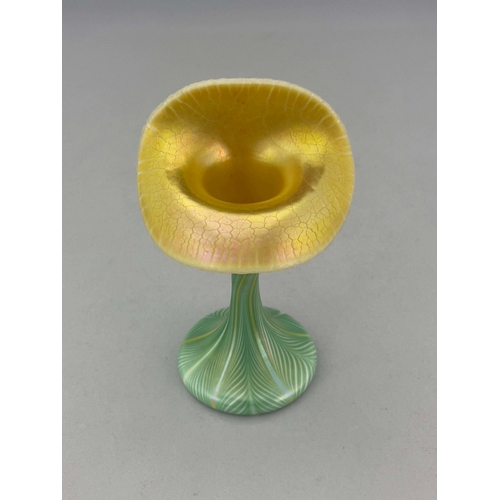 796 - Quezal, an Art Nouveau iridescent glass Floriform vase, modelled as a Jack in the Pulpit, splayed tr... 