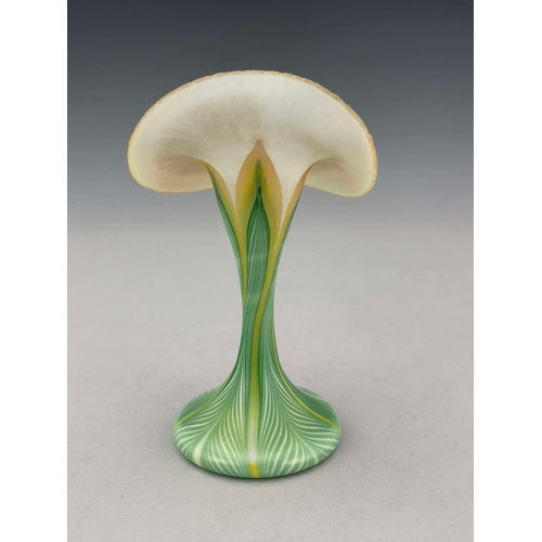 796 - Quezal, an Art Nouveau iridescent glass Floriform vase, modelled as a Jack in the Pulpit, splayed tr... 