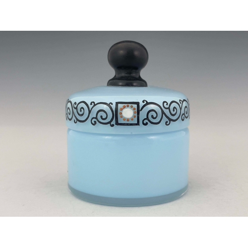 798 - A Secessionist enamelled glass box and cover, circa 1910, cylindrical form, cased blue opaque body, ... 