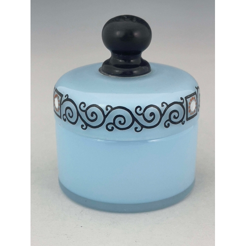 798 - A Secessionist enamelled glass box and cover, circa 1910, cylindrical form, cased blue opaque body, ... 