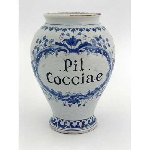 821 - A Delft polychrome pharmacy jar, probably French, circa 1800, inverse baluster form, labelled for Pi... 