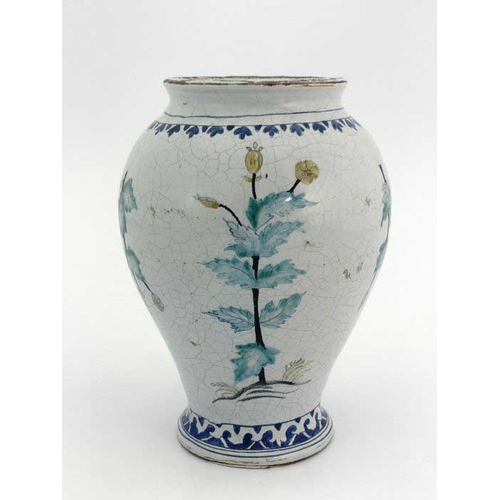 821 - A Delft polychrome pharmacy jar, probably French, circa 1800, inverse baluster form, labelled for Pi... 