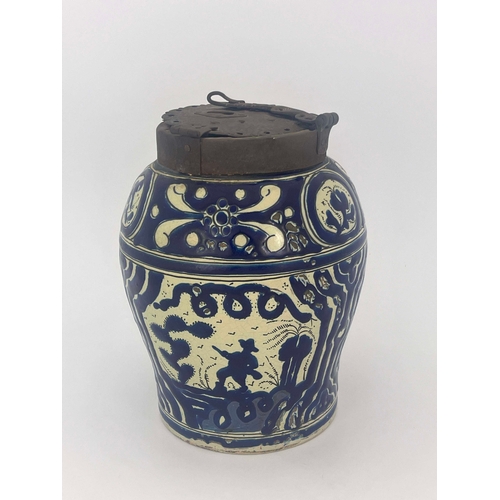 822 - A Mexican Talavera chocolatero, chocolate jar, early 18th century, inverse baluster form, blue and w... 