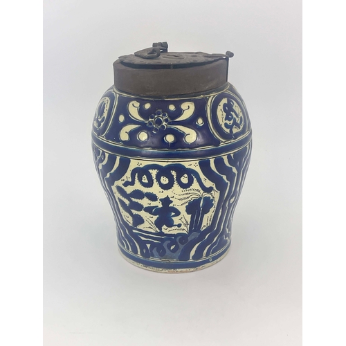 822 - A Mexican Talavera chocolatero, chocolate jar, early 18th century, inverse baluster form, blue and w... 