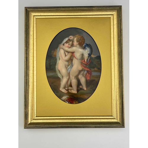 831 - A late 19th Century Davenport oval porcelain plaque, painted with a winged cherub placing a vale ove... 