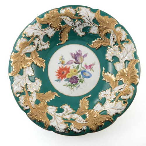 836 - Three early 20th century Meissen floral decorated and relief moulded dishes, each painted with spray... 