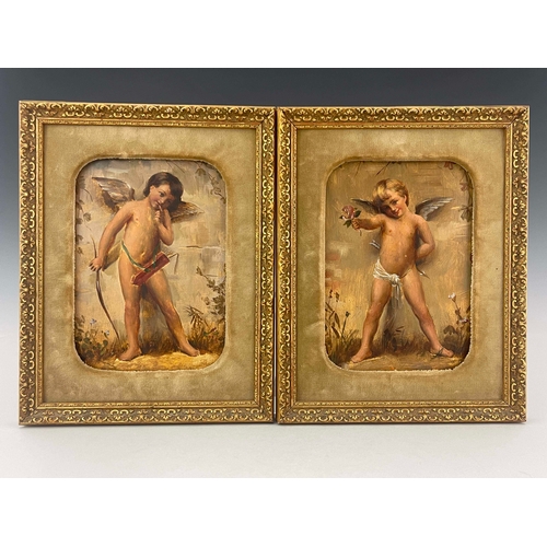 838 - A pair of Goldscheider wall plaques, late 19th Century, each painted with a standing winged cherub, ... 