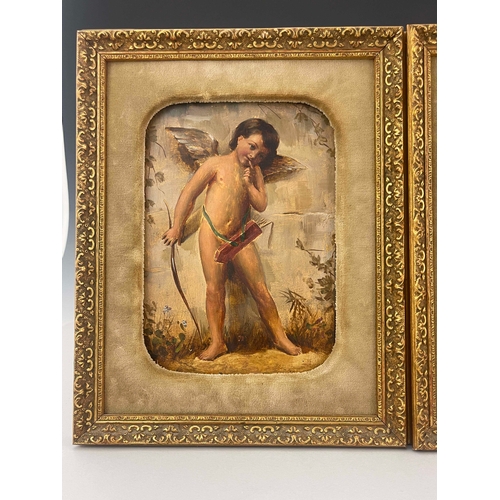 838 - A pair of Goldscheider wall plaques, late 19th Century, each painted with a standing winged cherub, ... 