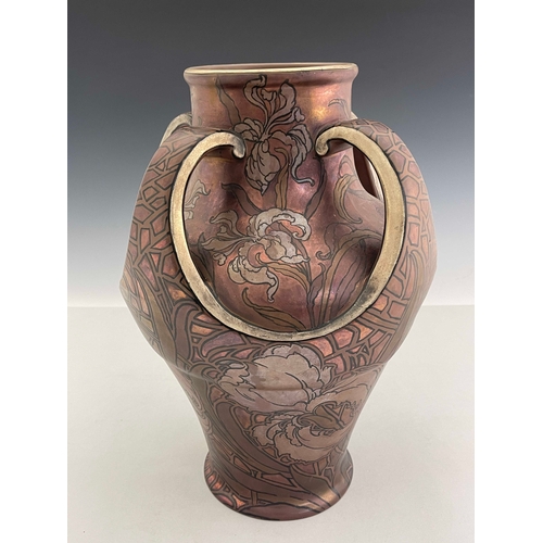 848 - Art Nouveau Boch Freres Keramic vase, four handled embossed baluster form, painted in bronze lustre ... 