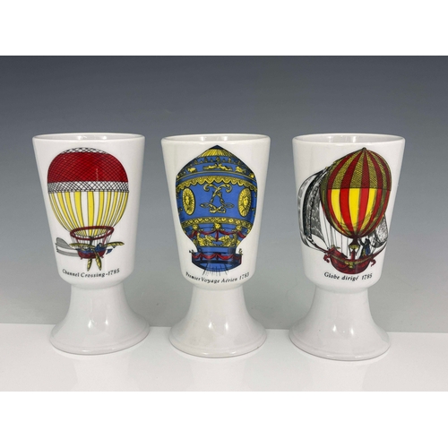 867 - Piero Fornasetti, a set of three Mongolfiere beakers, circa 1955, conical footed cup form, transfer ... 