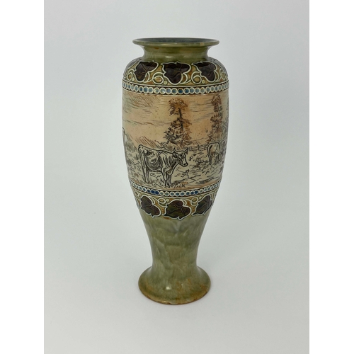 891 - Hannah Barlow for Royal Doulton, a stoneware vase, slender inverse baluster form, sgraffito decorate... 