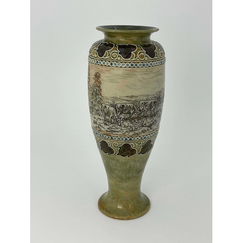 891 - Hannah Barlow for Royal Doulton, a stoneware vase, slender inverse baluster form, sgraffito decorate... 