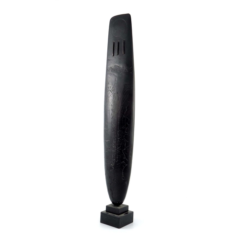 910 - Peter Hayes (b.1946), a raku sculpture on polished slate base, totem form, textured black finish wit... 