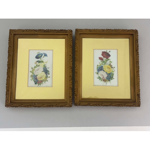 915 - William Rayworth, Crown Derby, a pair of floral painted still life plaques, opaque, rectangular with... 