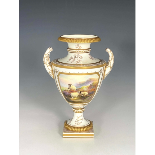 917 - Harry Davis for Royal Worcester, a Highland Sheep painted vase, 1912, twin handled shouldered urn fo... 