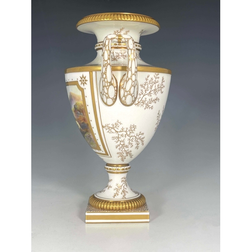 917 - Harry Davis for Royal Worcester, a Highland Sheep painted vase, 1912, twin handled shouldered urn fo... 