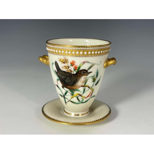 919 - John Hopewell for Royal Worcester, a bird painted twin handled cup, 1872, decorated with a wren and ... 