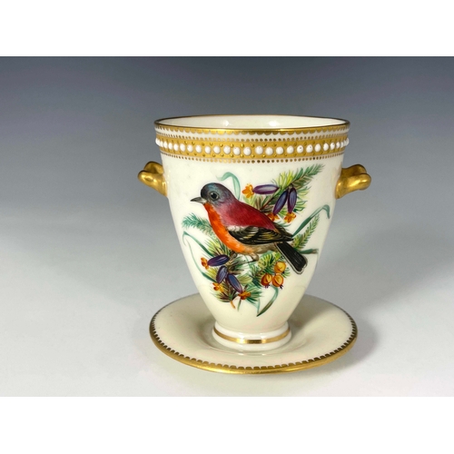 919 - John Hopewell for Royal Worcester, a bird painted twin handled cup, 1872, decorated with a wren and ... 