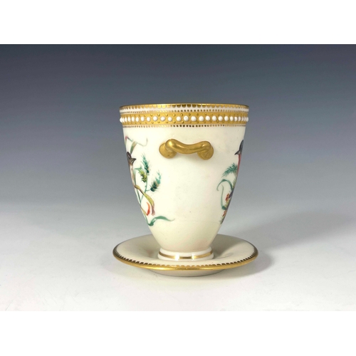 919 - John Hopewell for Royal Worcester, a bird painted twin handled cup, 1872, decorated with a wren and ... 