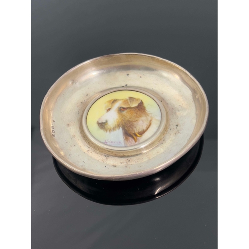 926 - Albert Shuck for Royal Worcester, a dog painted plaque set silver dish, decorated with the head of a... 