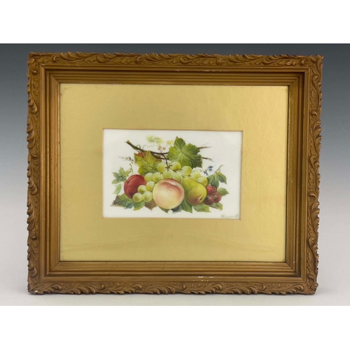 927 - William Rayworth, Crown Derby, a still life fruit painted opaque plaque, decorated with grapes, pear... 