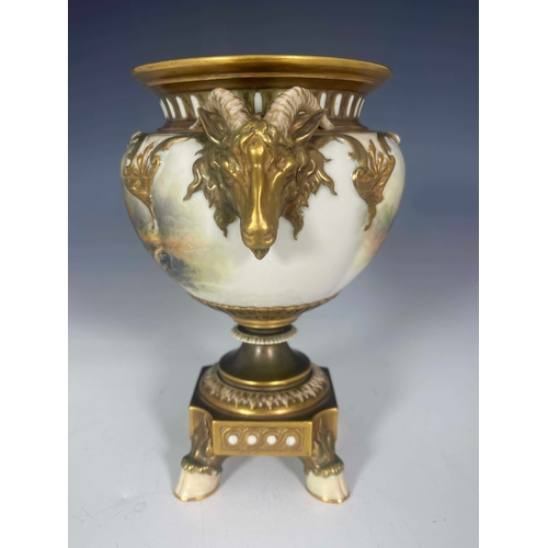 932 - John Stinton for Royal Worcester, a Highland Cattle painted pedestal vase, 1912, the lobed urn body ... 