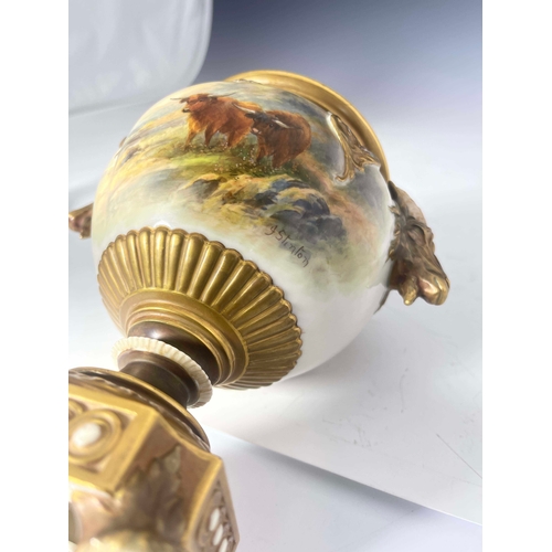 932 - John Stinton for Royal Worcester, a Highland Cattle painted pedestal vase, 1912, the lobed urn body ... 