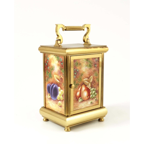 934 - S Smith, a Royal Worcester fruit painted enamel carriage timepiece, each panel with a still life of ... 