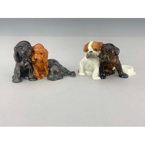 937 - Royal Worcester, two sets of puppies including two bulldog puppies 3133, and three Labrador puppies ... 