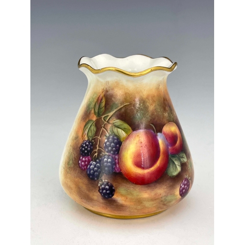 938 - P M Platt for Royal Worcester, a fruit painted vase, 1952, conical baluster form with crimped rim, d... 