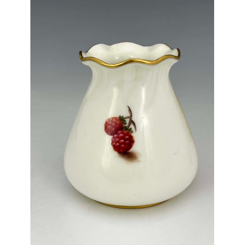 938 - P M Platt for Royal Worcester, a fruit painted vase, 1952, conical baluster form with crimped rim, d... 