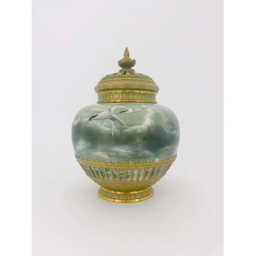 940 - J W Sedgley for Royal Worcester, a marine painted potpourri vase and cover, 1908, shouldered ovoid f... 