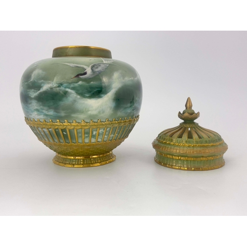 940 - J W Sedgley for Royal Worcester, a marine painted potpourri vase and cover, 1908, shouldered ovoid f... 