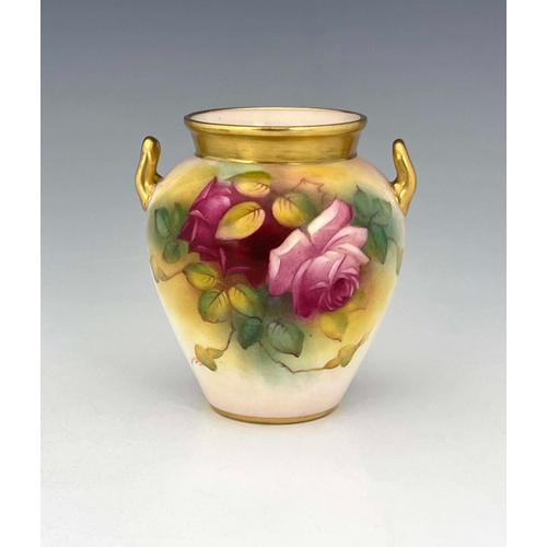 944 - M Hunt for Royal Worcester, a rose painted vase, 1936, shouldered twin handled form, signed, togethe... 