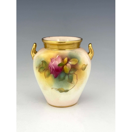 944 - M Hunt for Royal Worcester, a rose painted vase, 1936, shouldered twin handled form, signed, togethe... 