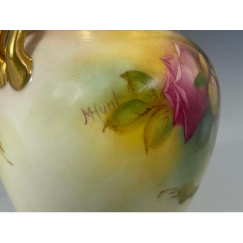 944 - M Hunt for Royal Worcester, a rose painted vase, 1936, shouldered twin handled form, signed, togethe... 