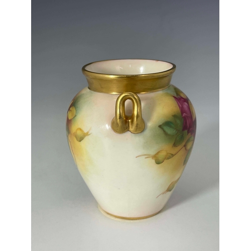 944 - M Hunt for Royal Worcester, a rose painted vase, 1936, shouldered twin handled form, signed, togethe... 