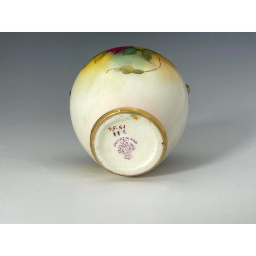 944 - M Hunt for Royal Worcester, a rose painted vase, 1936, shouldered twin handled form, signed, togethe... 