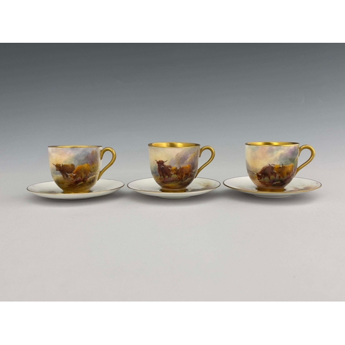 946 - Harry Stinton for Royal Worcester, a set of three Highland cattle painted cups and saucers, gilt int... 