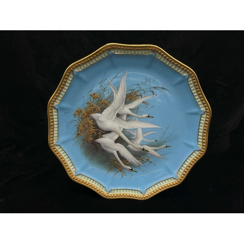 947 - Charles Baldwyn for Royal Worcester, a swan painted plate, 1905, dodecagonal beaded border, decorate... 