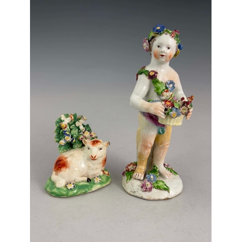 949 - Two English porcelain bocage figures, circa 1765, including a Derby ewe figure and a Bow floral putt... 