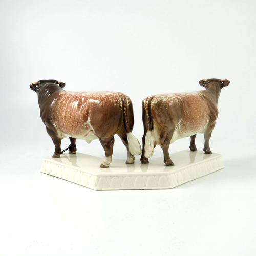 950 - A Beswick cattle group of a Dairy Short Horn cow and bull, model nos 1863 and 1504, mounted on a pli... 