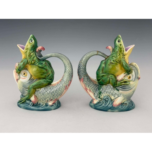 952 - A pair of Minton majolica cream jugs, circa 1872, each modelled as an open mouthed frog seated astri... 