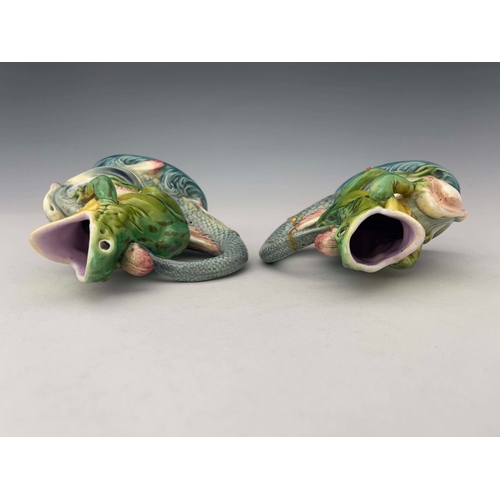 952 - A pair of Minton majolica cream jugs, circa 1872, each modelled as an open mouthed frog seated astri... 