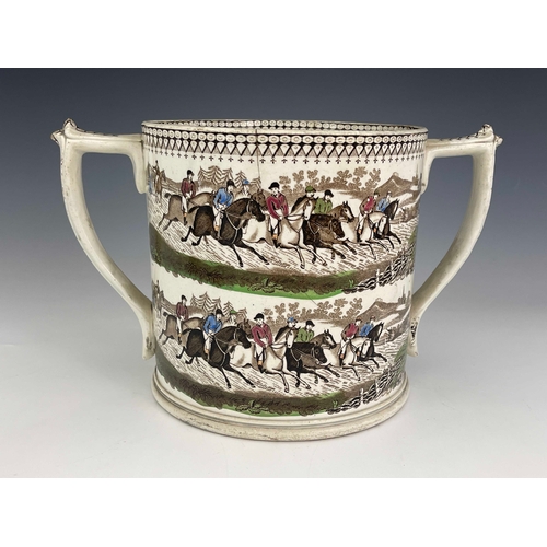 955 - A large Staffordshire twin handled loving cup, J & R. Godwin, transfer printed steeple chase design ... 