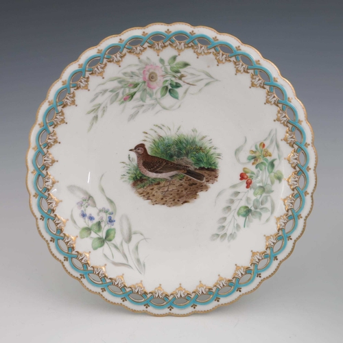 957 - A Worcester Royal Porcelain part dessert service, circa 1860s, painted with various birds in the sty... 