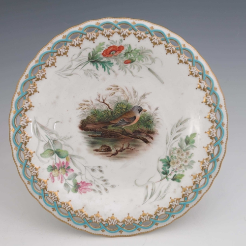 957 - A Worcester Royal Porcelain part dessert service, circa 1860s, painted with various birds in the sty... 