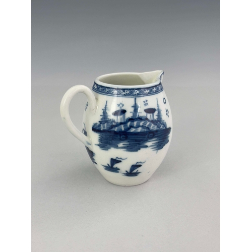 958 - A Caughley blue and white robin beak jug, circa 1775, painted in the Rock Strata Island pattern, bar... 