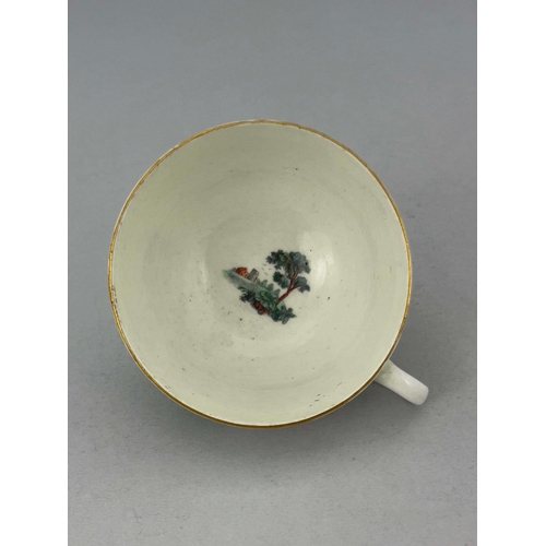 965 - A Worcester black printed and coloured tea cup, circa 1770, Classical ruins, highlighted in gilt, po... 